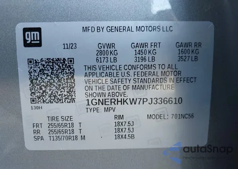 2023 Chevrolet Traverse Fwd Lt Leather из США, поврежденный, VIN 1GNERHKW7PJ336610